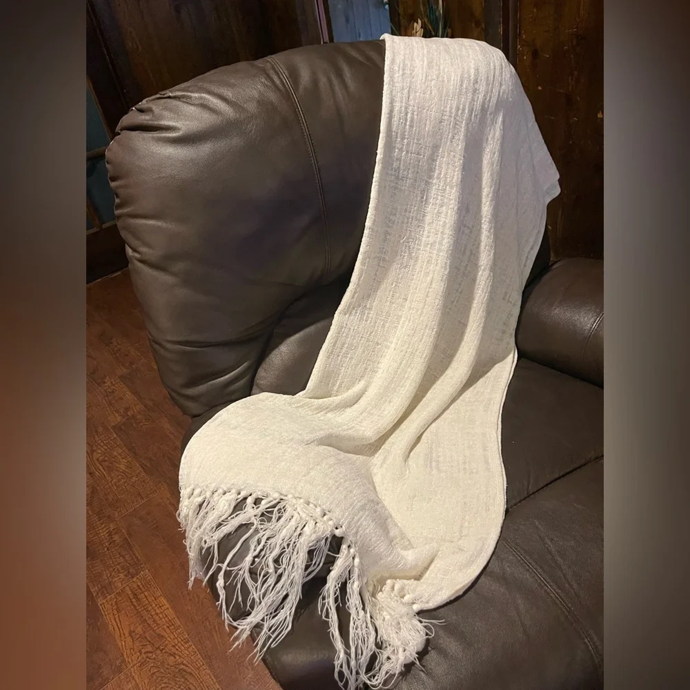 Ivory Chenille Throw Blanket With Fringe Edges Rayon Lightweight & Soft 63